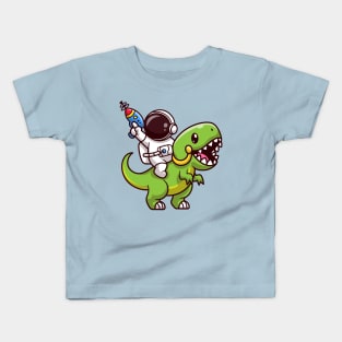 Cute Astronaut Riding Dinosaur With Gun Cartoon Kids T-Shirt